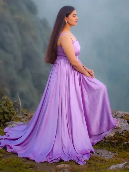 The side profile of the lavender gathered dress, showing the delicate straps and how the fabric drapes beautifully for a seated portrait.