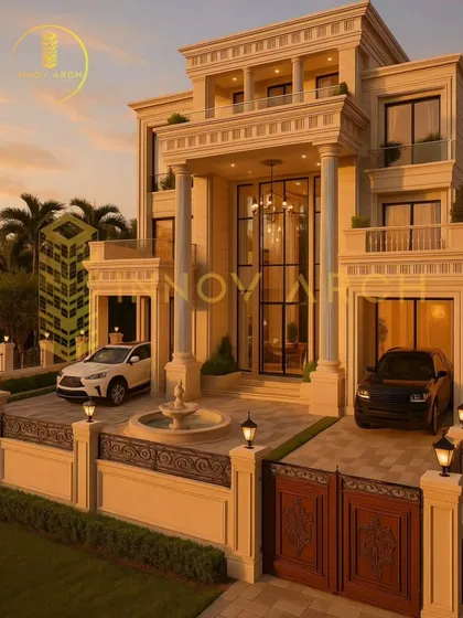Another perspective of the Bihar Residence, this render focuses on the grand entrance with a water fountain. The lighting and angle emphasize the home's opulence and the detailed craftsmanship of the gates and boundary wall.