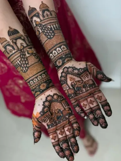 A beautiful design combining palace architecture with elephant and peacock motifs.