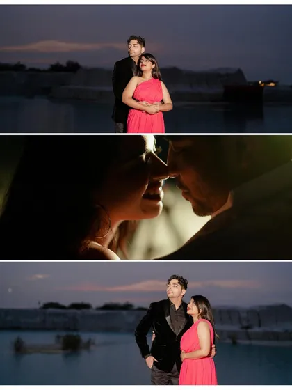A moody and romantic collage of Nischal and Adithi's pre-wedding shoot at the white sand dunes during twilight.