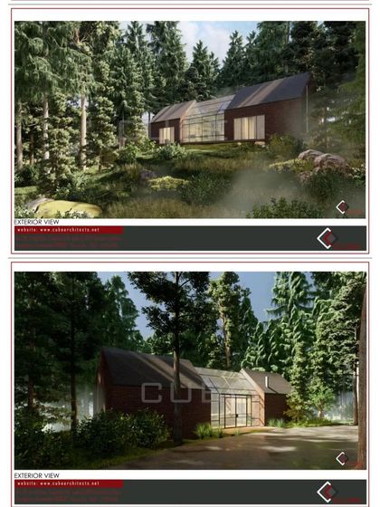 Exterior views of a proposed sustainable residence nestled in a pine forest. The design uses a combination of natural wood cladding and glass, with a pre-engineered steel framework and panels made from recycled materials for zero wastage.