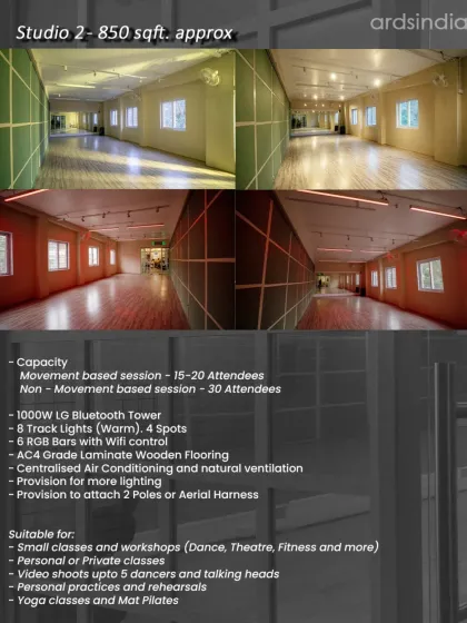 Discover Studio 2, our 850 sq. ft. space for more intimate sessions. It's ideal for private classes, solo practice, or even pole and aerial work, with a capacity of 15-20 attendees.
