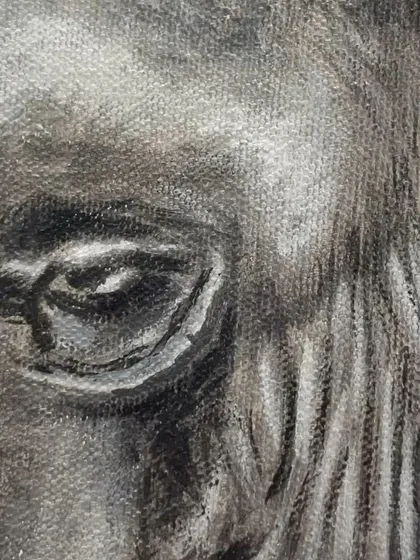 A macro shot of the elephant's eye, showing the detailed brushwork.