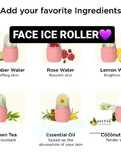 You can add your favorite ingredients to the Face Ice Roller. This graphic shows ideas like cucumber water for depuffing, rose water for nourishing, or green tea for its antioxidant properties.