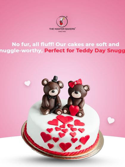 No fur, all fluff. Our cakes are soft and snuggle-worthy, just like this Teddy Day cake. Featuring an adorable fondant teddy bear couple, it's a cute and cuddly way to celebrate your affection.
