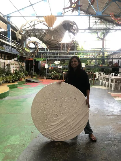 I am fascinated by the moon, and I created this large, textured sculpture to capture its cratered surface. Made with cement, this piece, nicknamed 'Neesa', was a satisfying process of sculpting and texturing to bring a little piece of the cosmos into a home.