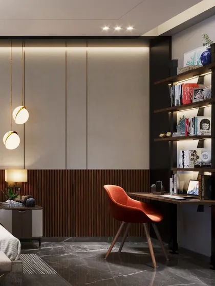 The room includes a dedicated workspace with a floating desk and backlit shelving, perfectly integrated into the overall design.