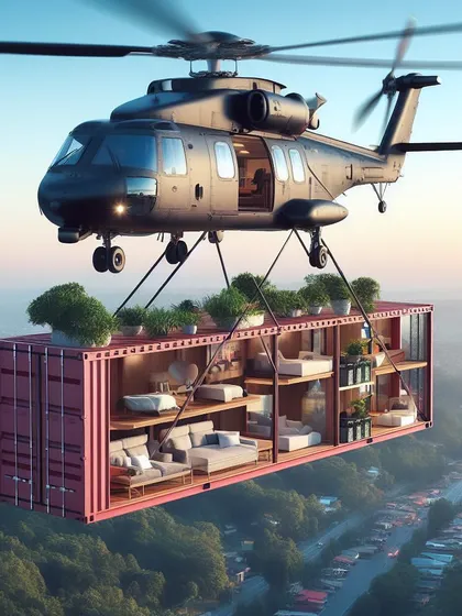 A cross-section view of a multi-level container home being delivered by air.