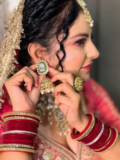 A series of images featuring a bride in a vibrant pink and gold lehenga. The different angles, from close-ups to a full flare shot, provide a comprehensive view.