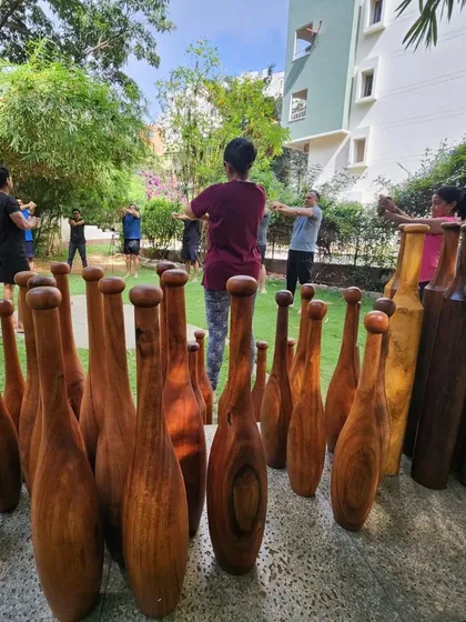 A view of the workshop participants from behind our collection of clubs. We have various weights and sizes to suit beginners and advanced users.