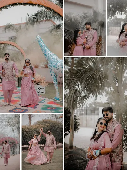 This collage showcases a fun and stylish Haldi event. From the couple's grand entrance with pink smoke to their playful and romantic portraits, it captures the unique vibe of their celebration.