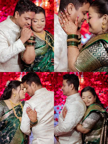 A collection of intimate and romantic portraits from an engagement party. The vibrant red background makes the couple's emotions pop.