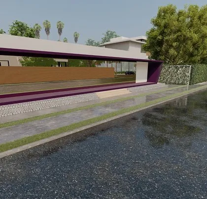 This is a 3D render of a clubhouse concept, showcasing a bold, angular purple frame that creates a visually striking entrance. The design is modern and minimalist, intended to be a landmark feature within a community.