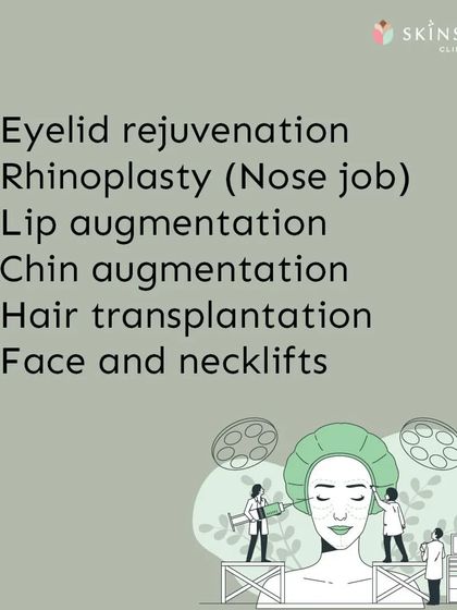 We offer a wide range of facial aesthetic surgeries to address various concerns. This graphic lists some of our key procedures, including eyelid rejuvenation, rhinoplasty, facelifts, and more.
