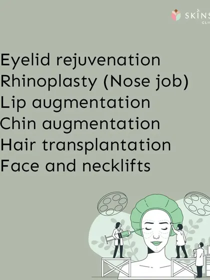 We offer a wide range of facial aesthetic surgeries to address various concerns. This graphic lists some of our key procedures, including eyelid rejuvenation, rhinoplasty, facelifts, and more.
