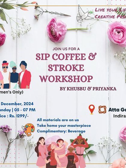 Poster for a 'Sip Coffee & Stroke' painting workshop for women.