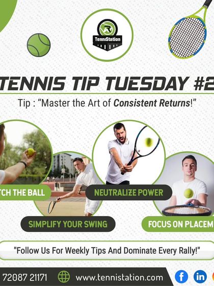 Tennis Tip Tuesday: Master the art of consistent returns. Watch the ball closely, simplify your swing to neutralize power, and focus on placement over pure force.