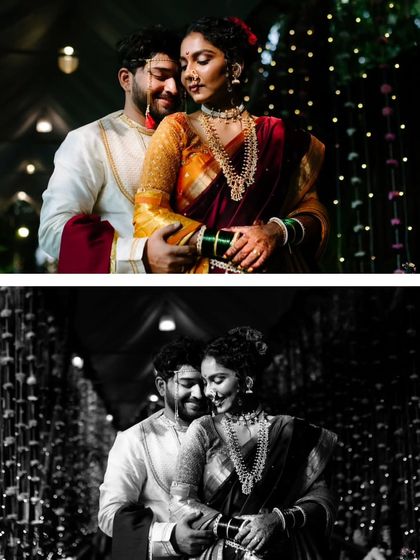 A romantic diptych of the couple, with one shot in color and the other in classic black and white, both capturing their intimate connection.