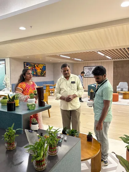 I enjoy consulting with clients right here in the workspace. We're discussing which tabletop plants, like these lucky bamboo arrangements, would best suit their office environment and aesthetic.