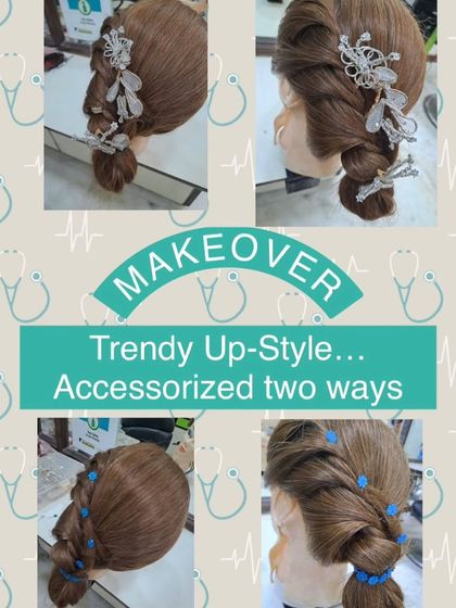 A trendy up-style shown with two different accessory options on a mannequin. This demonstrates how accessories can completely change the vibe of a hairstyle.