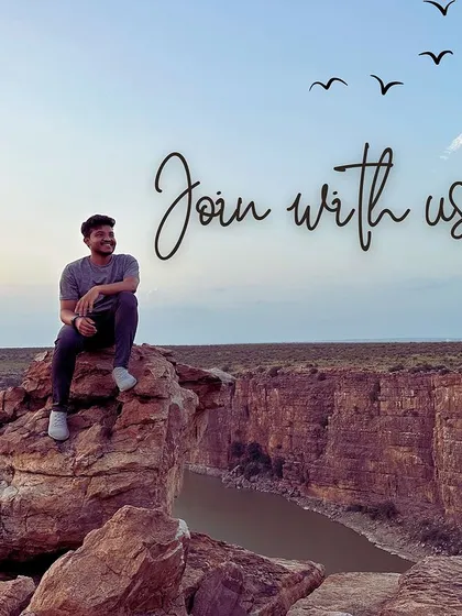 A graphic inviting you to join us, featuring a traveler at the edge of the Gandikota canyon.