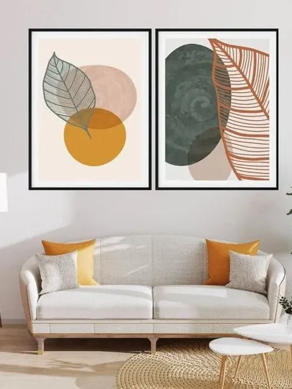 This set of two botanical prints combines line art leaves with abstract, colorful shapes. The mix of textures and styles creates a unique and artistic look that is both modern and natural.
