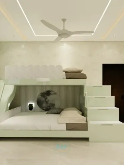 A fun and functional kids' room with a bunk bed that has a built-in slide. The basketball-themed wallpaper adds a sporty and energetic vibe.