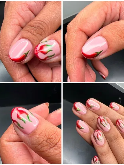 A collage showing the fun and spicy chilli pepper nail art from different angles.
