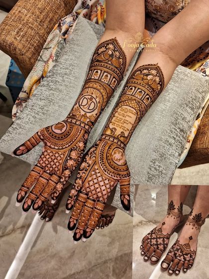 A full view of the custom mehendi for my NRI bride from the USA, including a special message, a monogram, and beautiful patterns on her hands and feet.