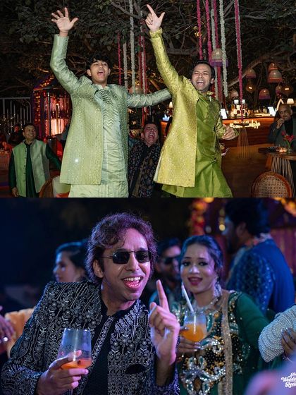 The groom and guests enjoying the party, dancing and celebrating with drinks in hand.