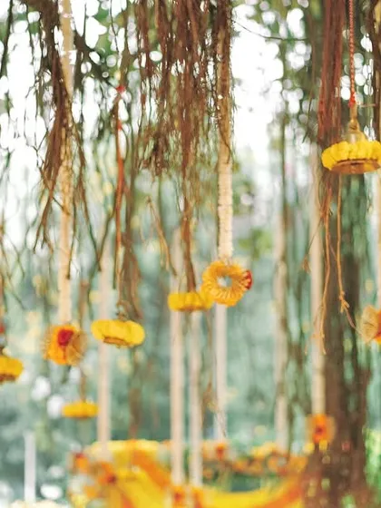 A daytime view of the hanging decor from a banyan tree. This setup features delicate floral rings and tassels made of marigolds, creating a whimsical and natural ceiling for an outdoor event.