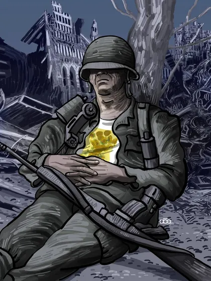 A soldier rests amidst the rubble of a destroyed city. The only spot of color is a splash of yellow on his chest, a faint echo of a sunflower, symbolizing a small, resilient trace of hope and life surviving in the ruins of war.
