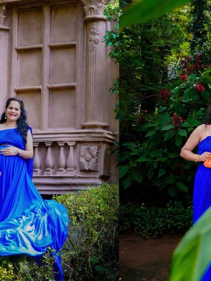 This collage shows a mom-to-be in a flowing blue gown at an outdoor location with ornate architecture, using a gender reveal balloon to announce her baby girl.