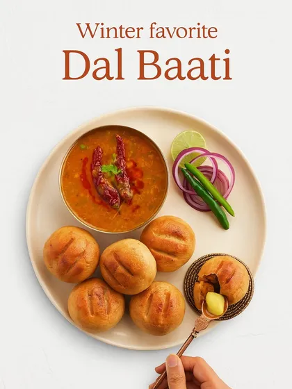 Our Dal Baati is a true winter favorite and a taste of home. The baatis are baked perfectly, the dal is rich with traditional spices, and a little ghee brings it all together. This is a classic Rajasthani meal we love making.