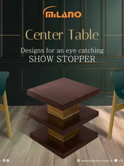 This modern center table features a three-tiered design with a dark wood finish and brass-finished accents. It's a functional piece that adds a touch of geometric style to your living space.