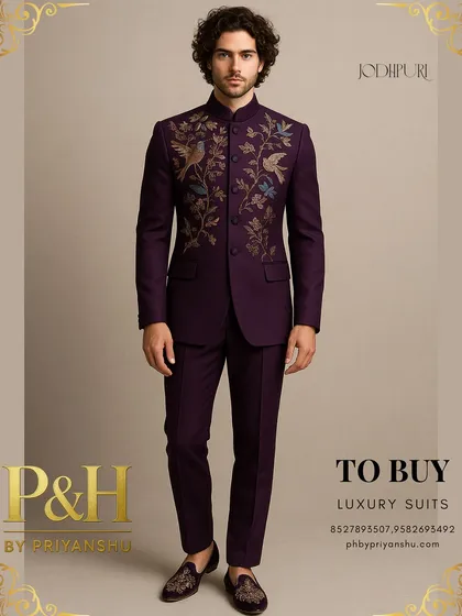 This unique purple Jodhpuri suit features hand-embroidery depicting birds and floral motifs, a piece of wearable art inspired by nature and Indian miniature paintings.
