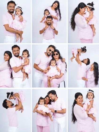 A studio session is full of possibilities. This collage shows how we can move from classic family poses to fun, playful moments like lifting your baby up high. The simple white background keeps all the focus on your family's joy.