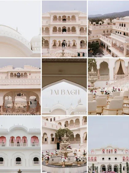 A collage showcasing the stunning all-white architecture and decor of The Jai Bagh Palace in Jaipur, setting the scene for a royal wedding.