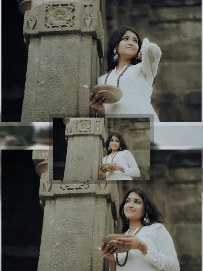A creative collage of a devotee by a temple pillar, capturing different angles and expressions of faith and peace.