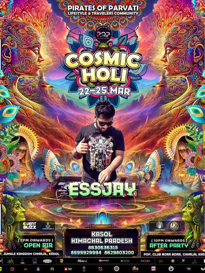 My artist flyer for the Cosmic Holi festival, inviting everyone to play a 'Pahado vali Holi' in Kasol with pulsating psytrance beats.