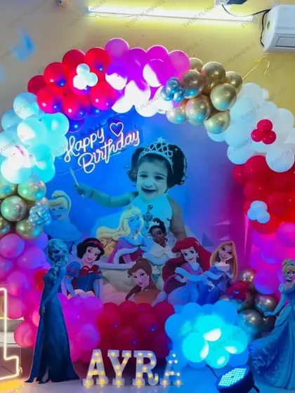 A full view of the red and gold princess-themed home decoration.