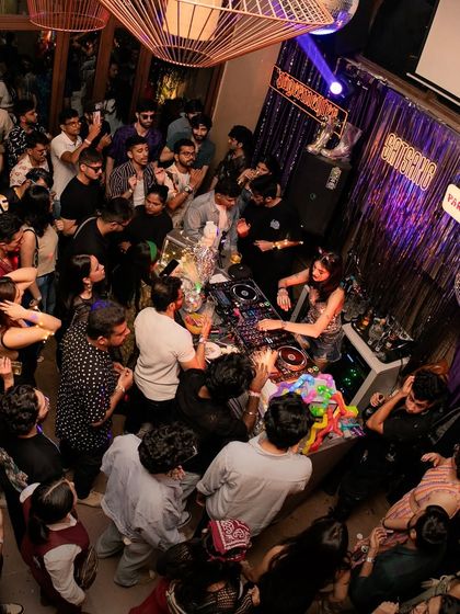 An overhead shot of the packed dancefloor at the ParaDisco x Satsang collaboration in Pune. The energy was incredible from start to finish.