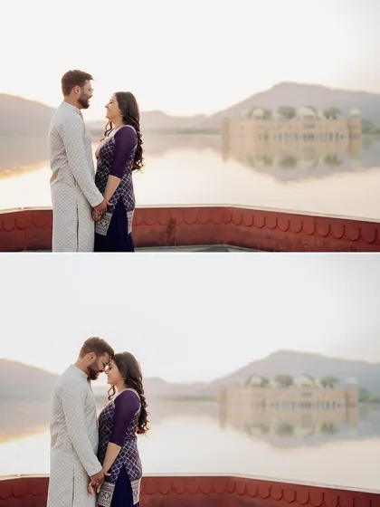 Two romantic poses against the stunning backdrop of Jal Mahal at sunset. This highlights our expertise in capturing the perfect light for pre-wedding photography.