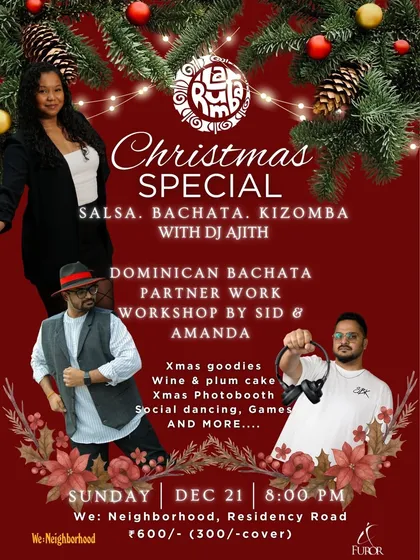 Another look at our poster for the La Rumba Christmas Ball, highlighting the special guest instructors Sid & Amanda and our resident DJ Ajith. We go all out for our holiday parties.