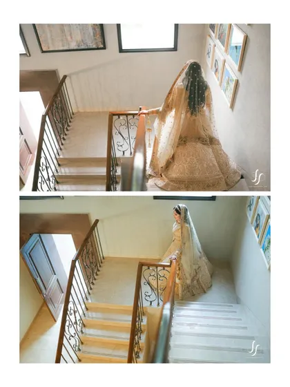 A diptych showing the bride descending a staircase, capturing the grandeur of her entrance.