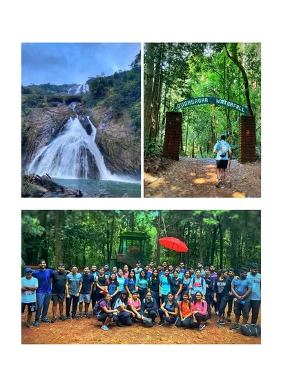 A collage showcasing the Dudhsagar waterfalls trek, from the falls themselves to the group enjoying the trail.