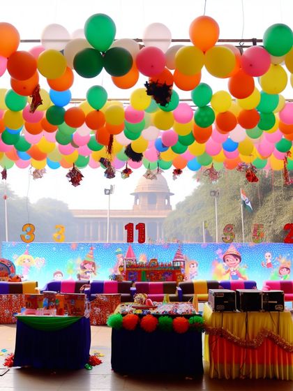A massive ceiling balloon decoration that fills the space with color and creates a festive, celebratory atmosphere for a large-scale event.