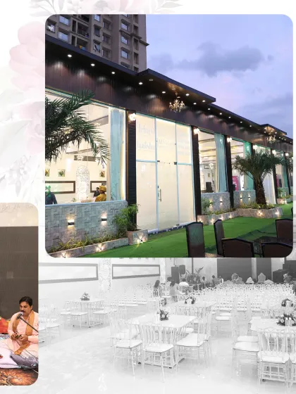 A collage showcasing the beautiful exterior of the new banquet hall alongside glimpses of the traditional opening ceremony, blending modern architecture with auspicious beginnings.