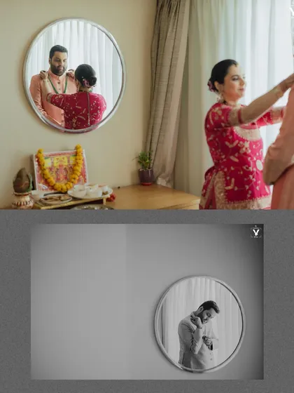 A collage showing the groom getting ready, with a beautiful reflection shot in a round mirror. The mix of color and black and white adds a dynamic, storytelling element to these moments.