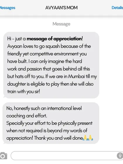 "Such an international level coaching and effort." A message of appreciation from Avyaan's mom, highlighting the friendly yet competitive environment we build for our young players.